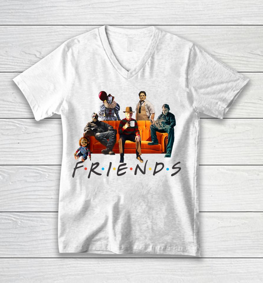 Halloween Friends Crew Gathering On A Spooky Orange Couch Unisex V-Neck T-Shirt
