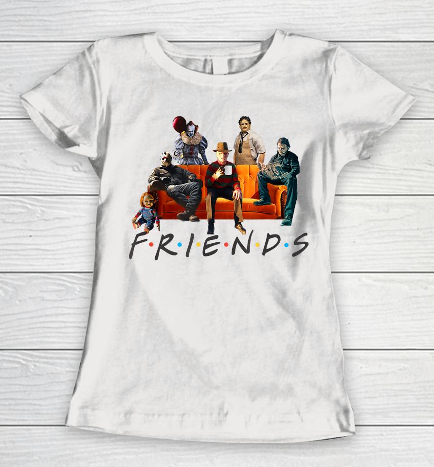 Halloween Friends Crew Gathering On A Spooky Orange Couch Women T-Shirt