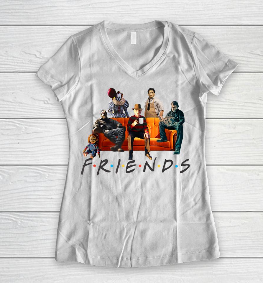 Halloween Friends Crew Gathering On A Spooky Orange Couch Women V-Neck T-Shirt