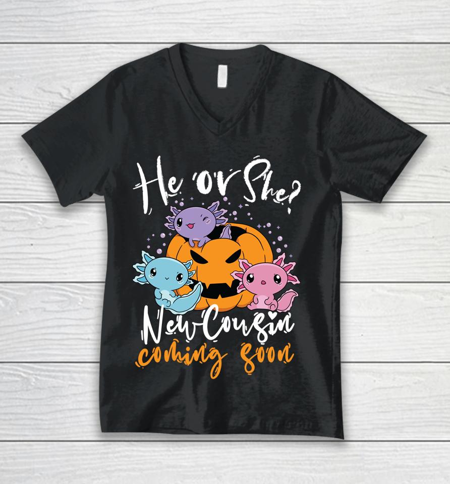 Halloween Gender Reveal He Or She Cousin Coming Boo Pumpkin Unisex V-Neck T-Shirt