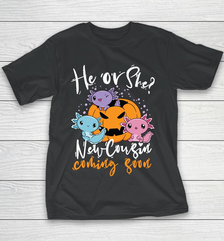 Halloween Gender Reveal He Or She Cousin Coming Boo Pumpkin Youth T-Shirt