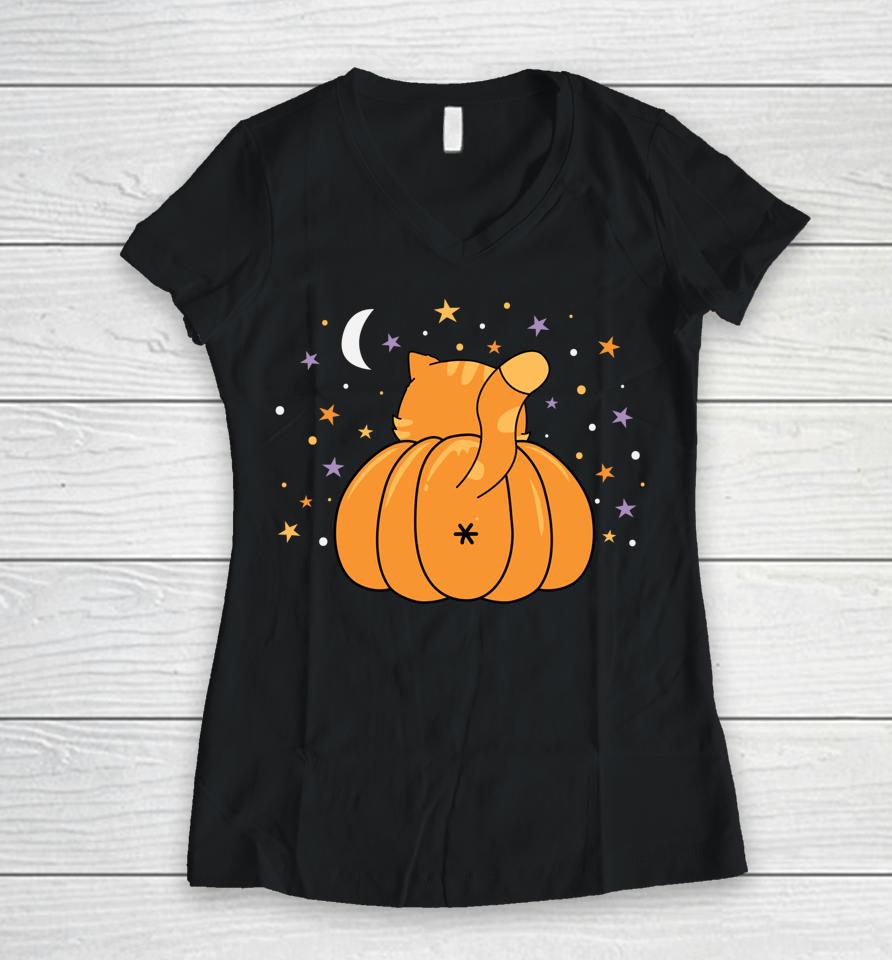 Halloween Orange Pumpkin Cat Butt For Cat Lovers Women V-Neck T-Shirt