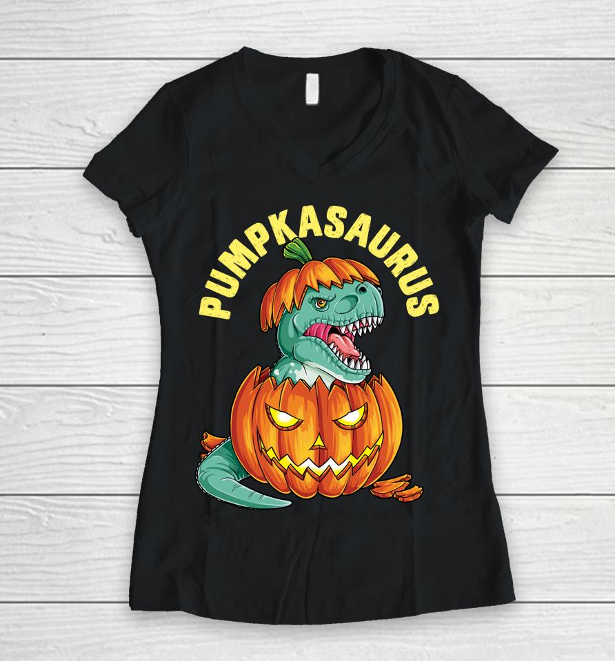 Halloween Pumpkasaurus Dinosaur Pumpkin Funny T Rex Women V-Neck T-Shirt