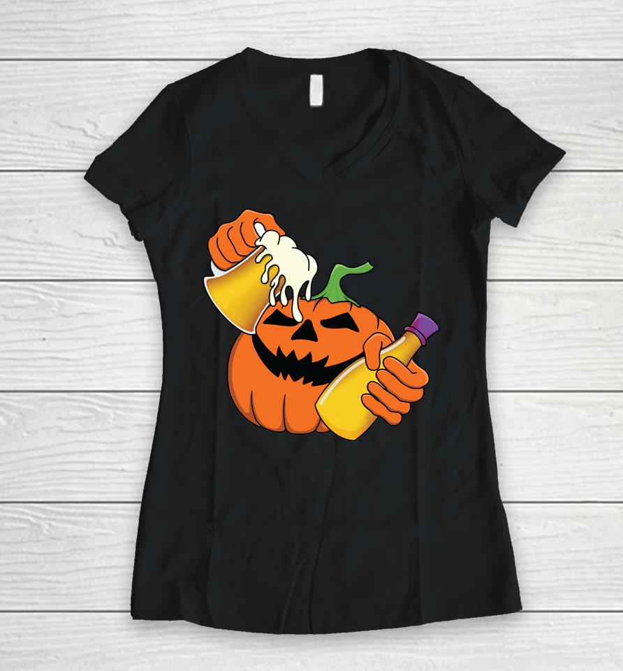 Halloween Pumpkin Beer Potion Trick Or Treat Drinking Party Women V-Neck T-Shirt