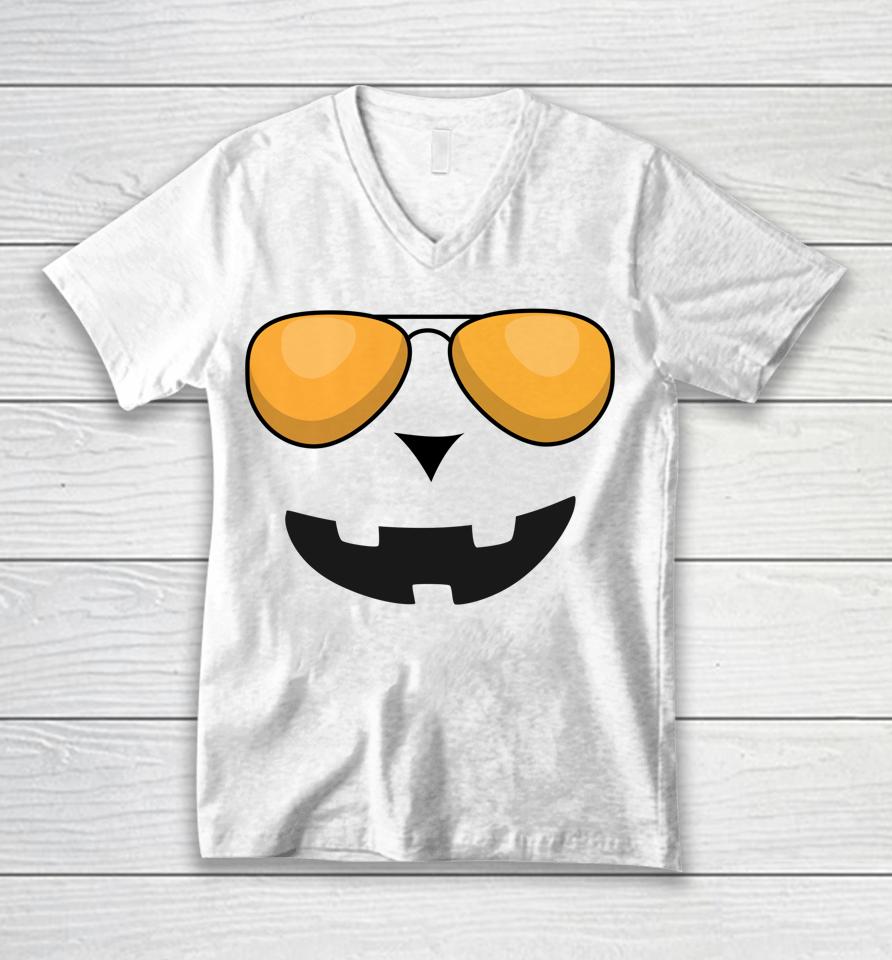 Halloween Pumpkin Jack O' Lantern Face With Sunglasses Unisex V-Neck T-Shirt