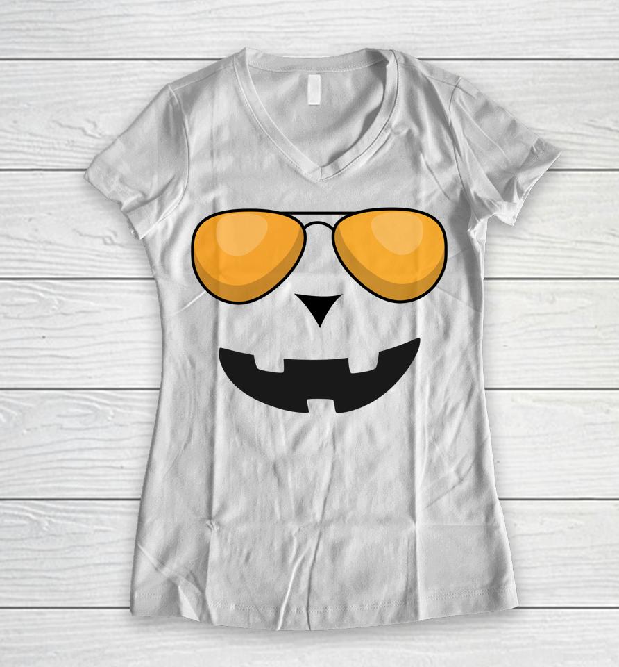 Halloween Pumpkin Jack O' Lantern Face With Sunglasses Women V-Neck T-Shirt