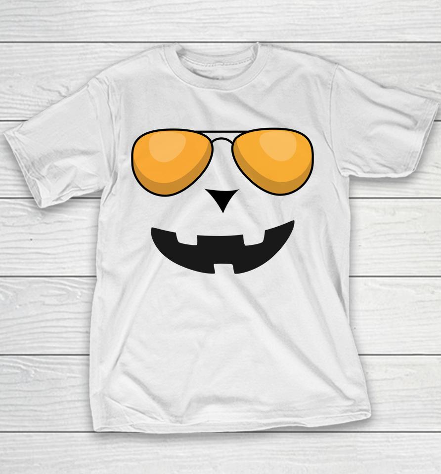 Halloween Pumpkin Jack O' Lantern Face With Sunglasses Youth T-Shirt