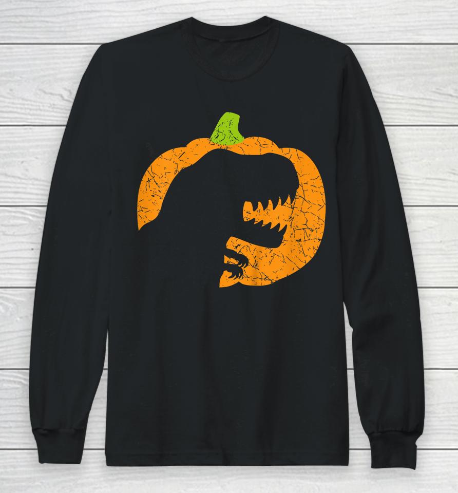 Halloween Pumpkin T-Rex Dinosaur Silhouette Long Sleeve T-Shirt