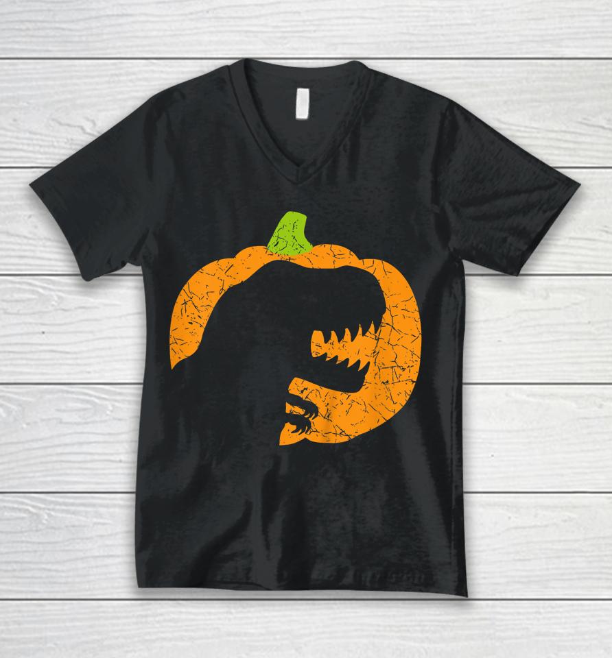 Halloween Pumpkin T-Rex Dinosaur Silhouette Unisex V-Neck T-Shirt