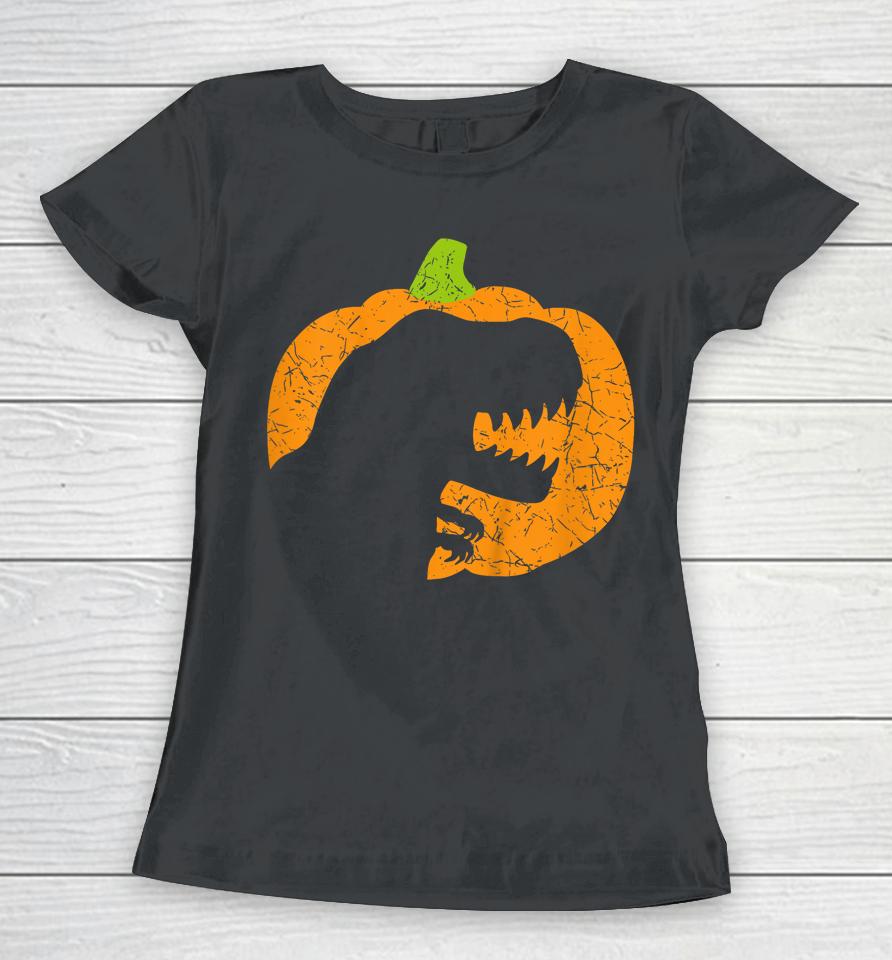 Halloween Pumpkin T-Rex Dinosaur Silhouette Women T-Shirt