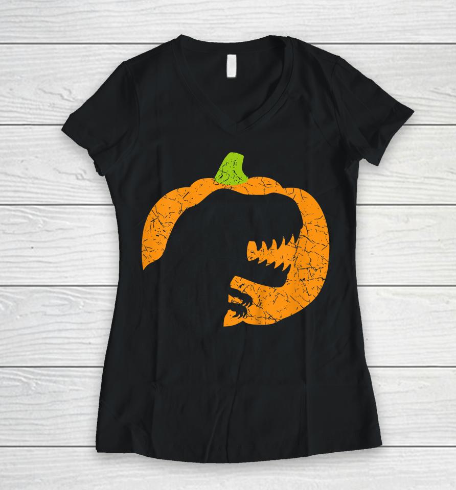 Halloween Pumpkin T-Rex Dinosaur Silhouette Women V-Neck T-Shirt