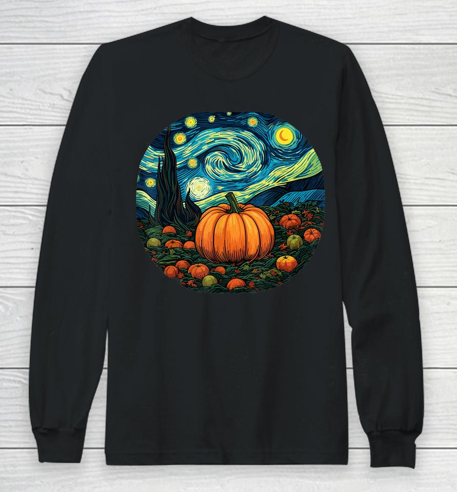 Halloween Pumpkin Women Starry Night Van Gogh Art Lovers Long Sleeve T-Shirt