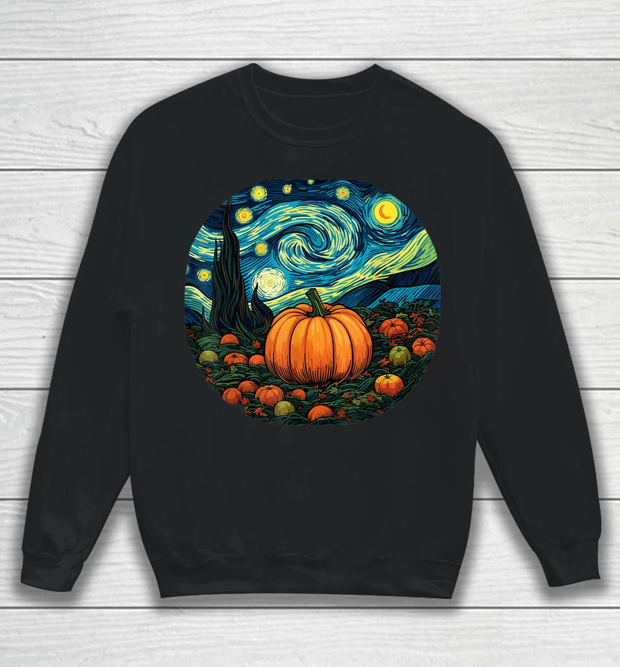 Halloween Pumpkin Women Starry Night Van Gogh Art Lovers Sweatshirt