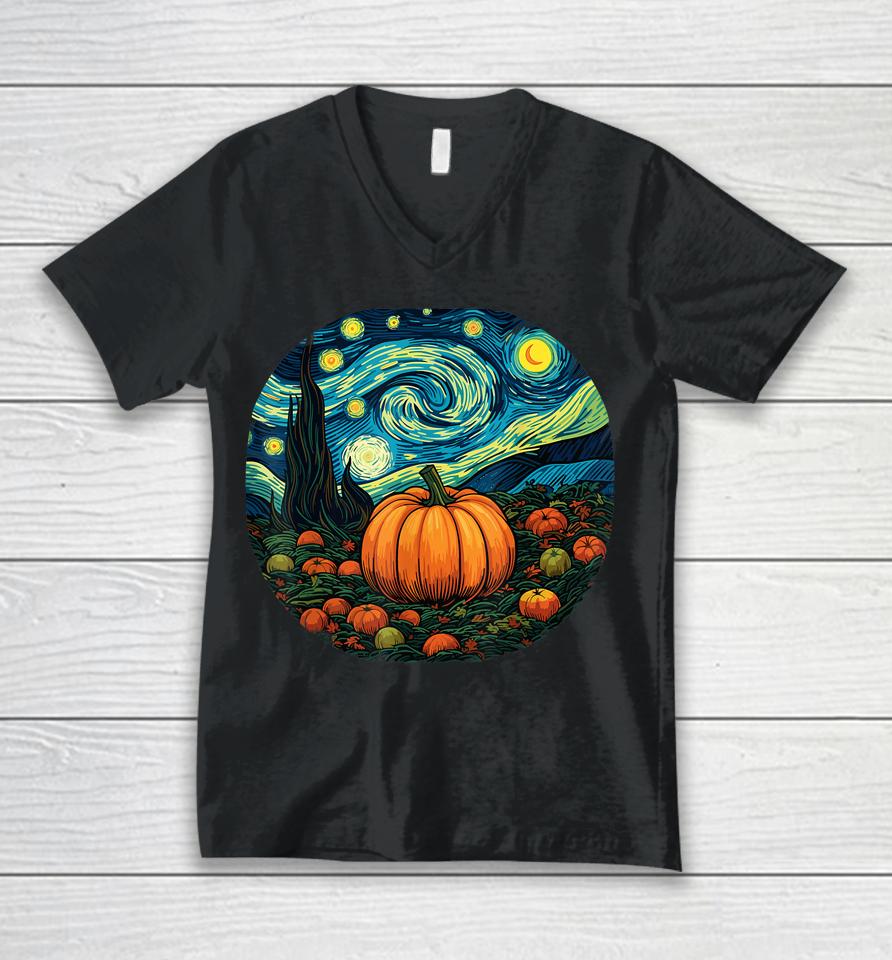 Halloween Pumpkin Women Starry Night Van Gogh Art Lovers Unisex V-Neck T-Shirt
