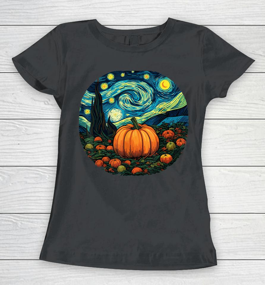 Halloween Pumpkin Women Starry Night Van Gogh Art Lovers Women T-Shirt