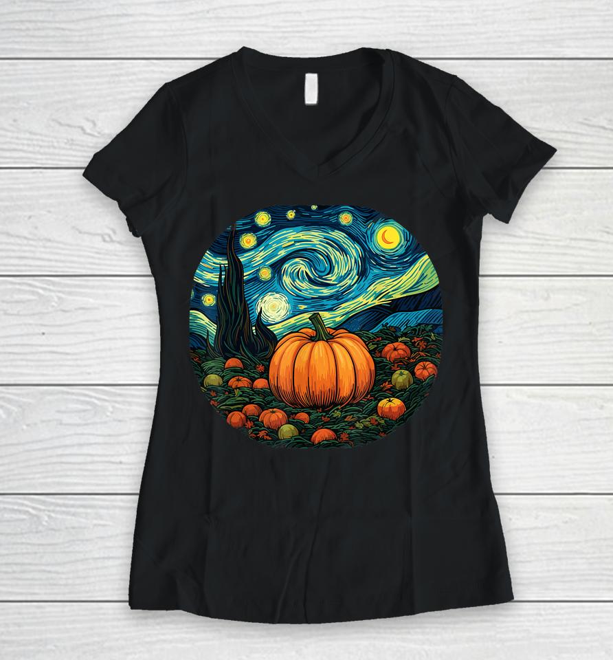 Halloween Pumpkin Women Starry Night Van Gogh Art Lovers Women V-Neck T-Shirt