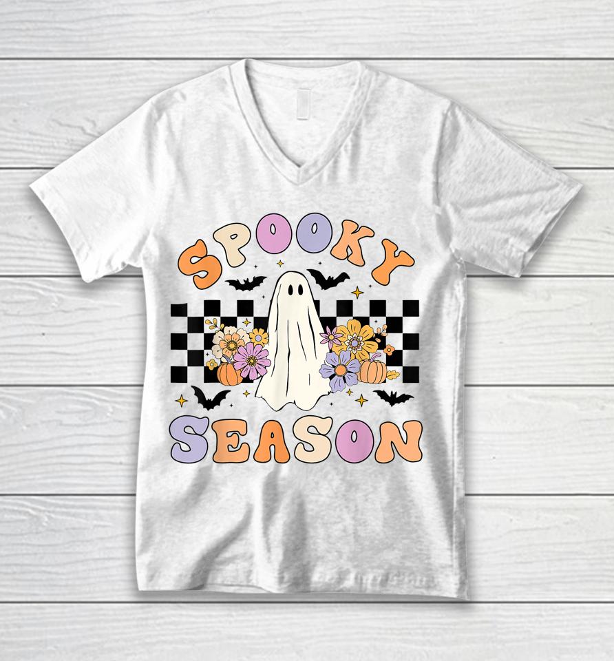 Halloween Retro Hippie Cute Ghost Spooky Season Unisex V-Neck T-Shirt