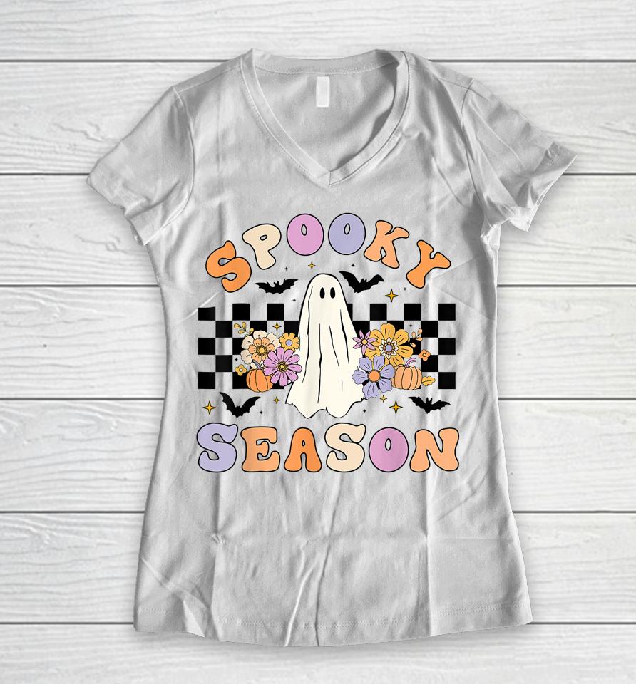 Halloween Retro Hippie Cute Ghost Spooky Season Women V-Neck T-Shirt