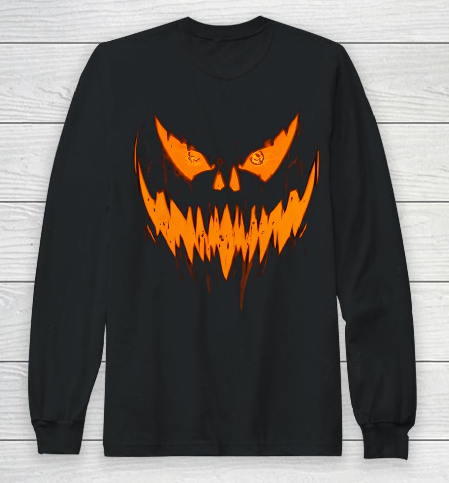 Halloween Scary Evil Pumpkin Face Jack O Lantern Design Long Sleeve T-Shirt
