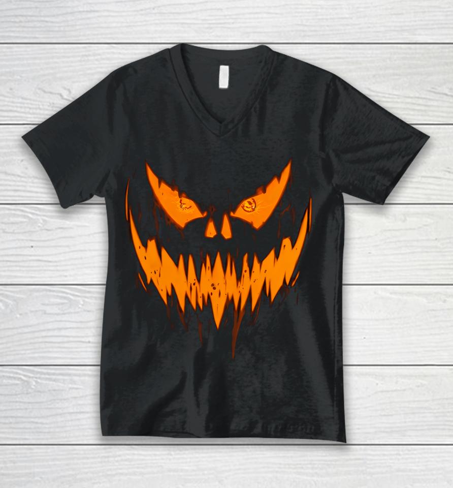 Halloween Scary Evil Pumpkin Face Jack O Lantern Design Unisex V-Neck T-Shirt