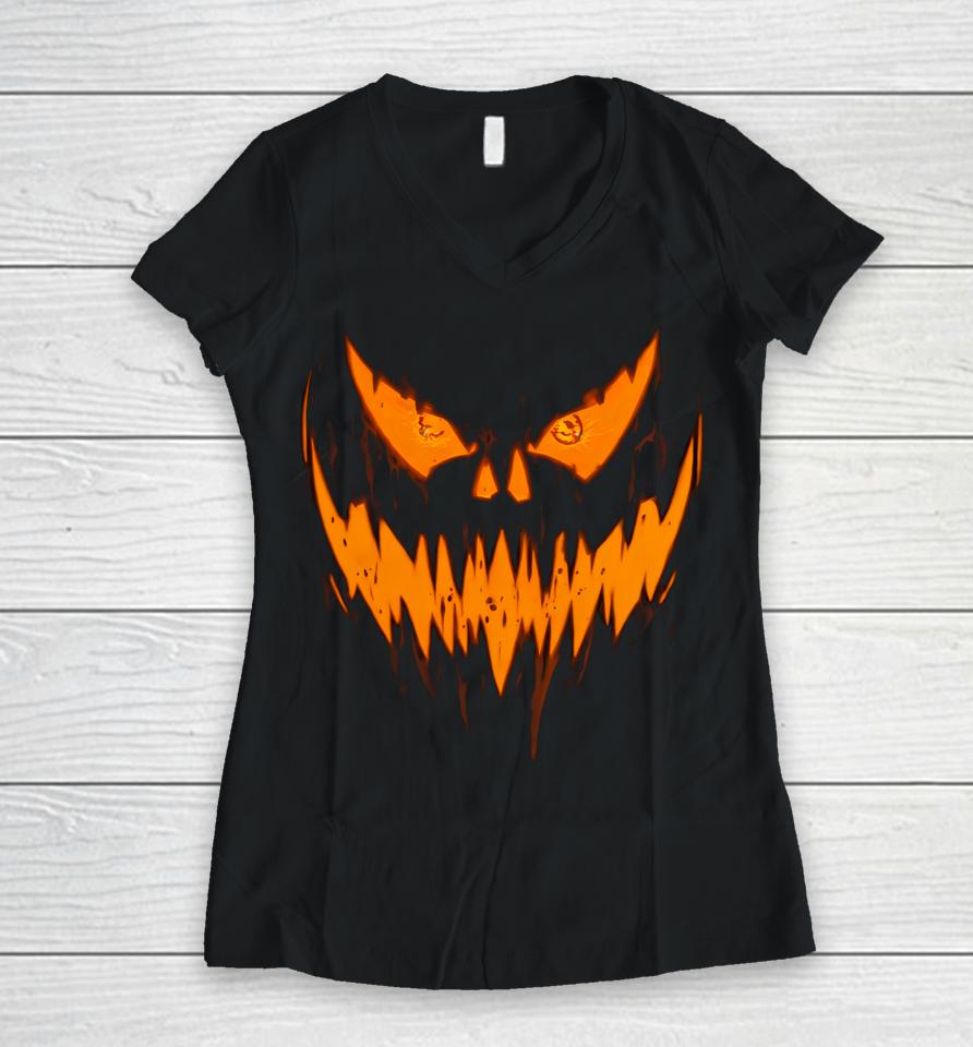 Halloween Scary Evil Pumpkin Face Jack O Lantern Design Women V-Neck T-Shirt