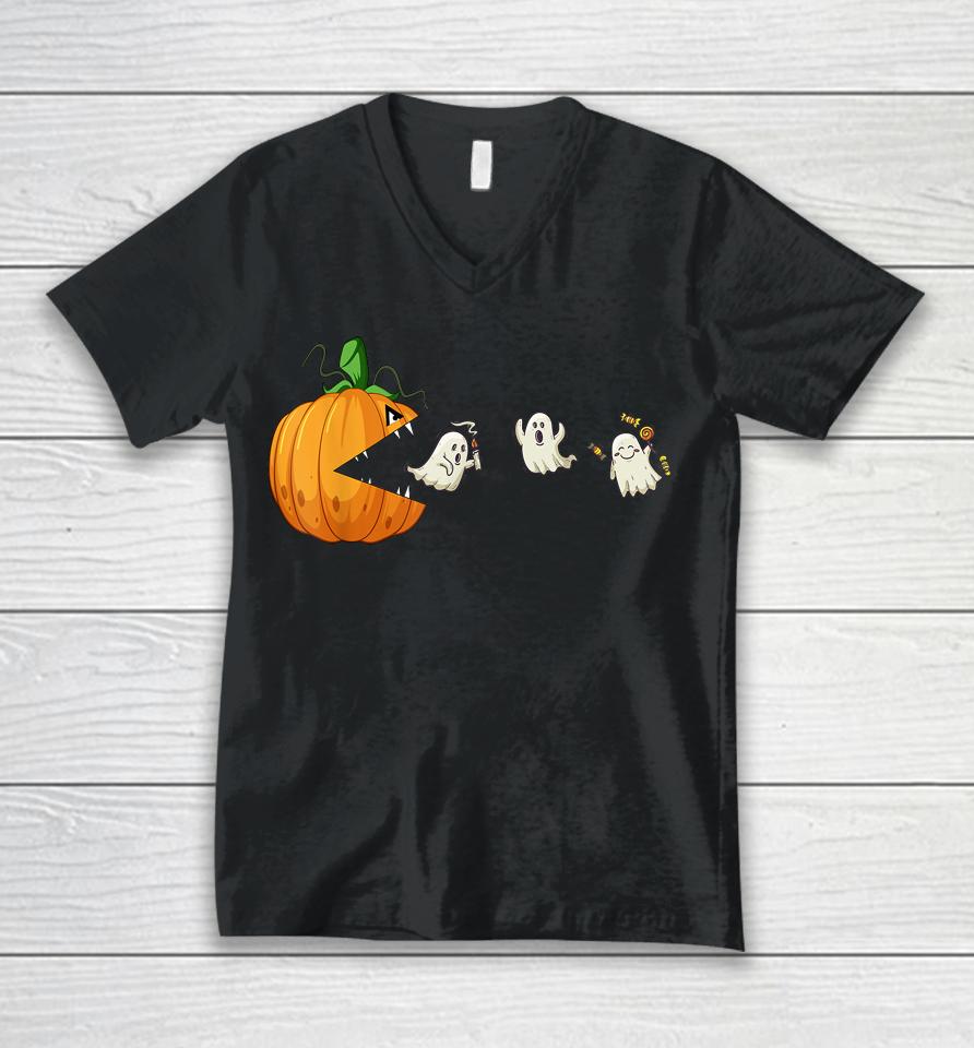 Halloween Scary Pumpkin Ghosts Creepy Halloween Gamer Unisex V-Neck T-Shirt