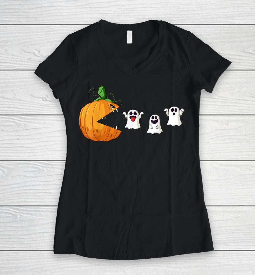 Halloween Scary Pumpkin Ghosts Creepy Halloween Gamer Women V-Neck T-Shirt