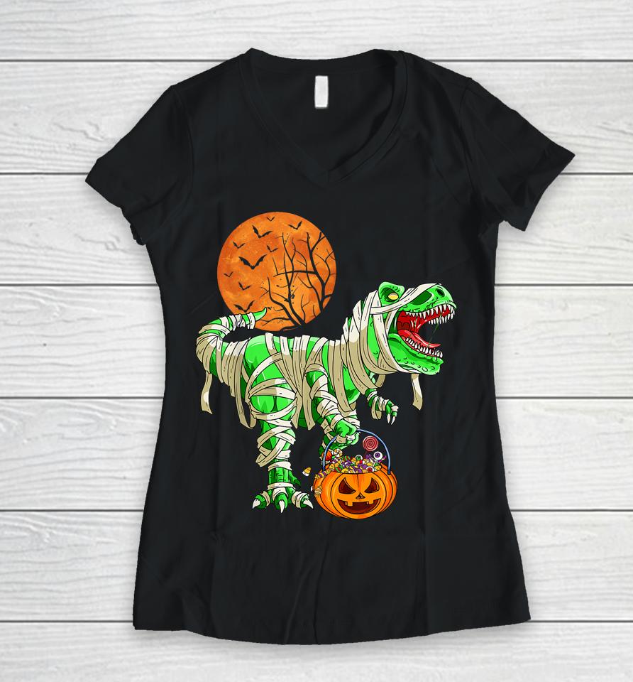 Halloween  For Boys Men Dinosaur T-Rex Mummy Pumpkin Women V-Neck T-Shirt