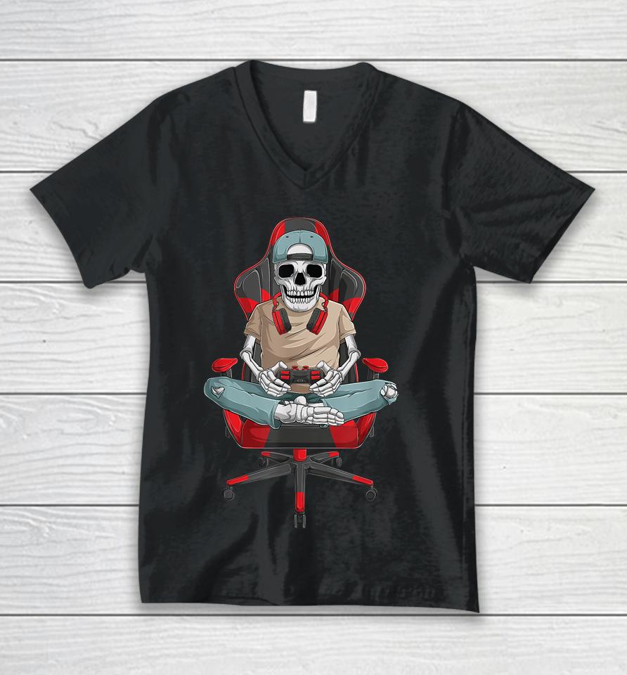 Halloween Skeleton Gamer Video Gaming Boys Men Kids Teens Unisex V-Neck T-Shirt