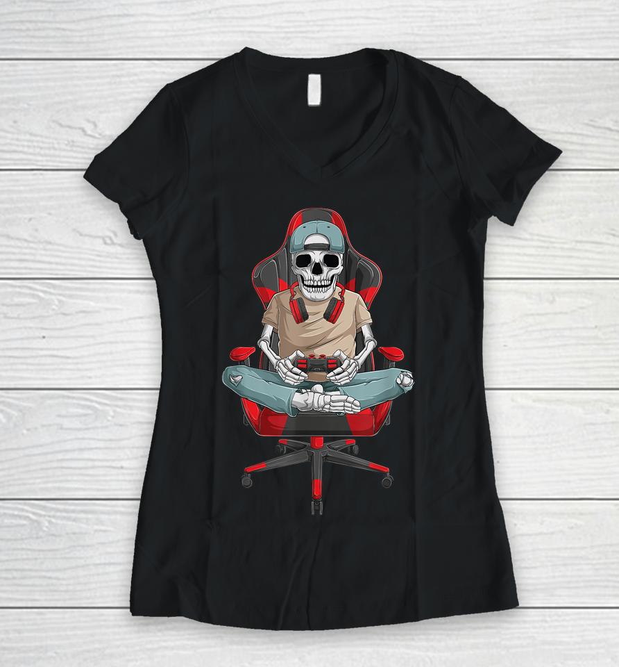 Halloween Skeleton Gamer Video Gaming Boys Men Kids Teens Women V-Neck T-Shirt