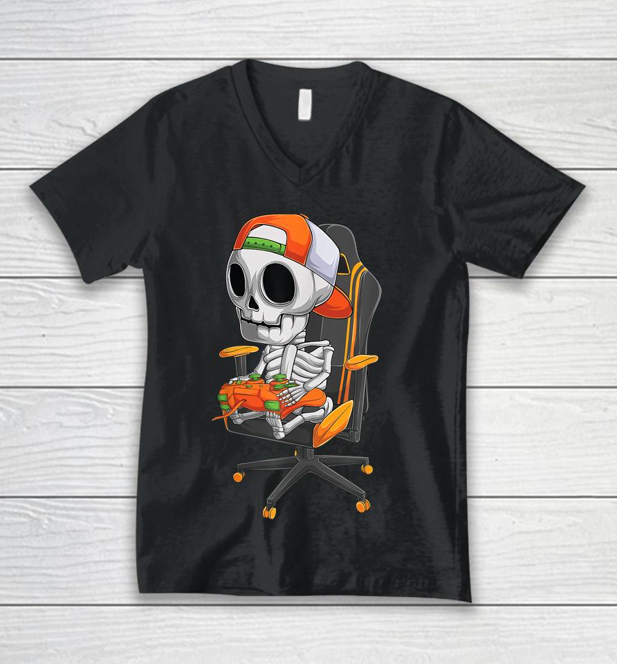 Halloween Skeleton Gamer Video Gaming Unisex V-Neck T-Shirt