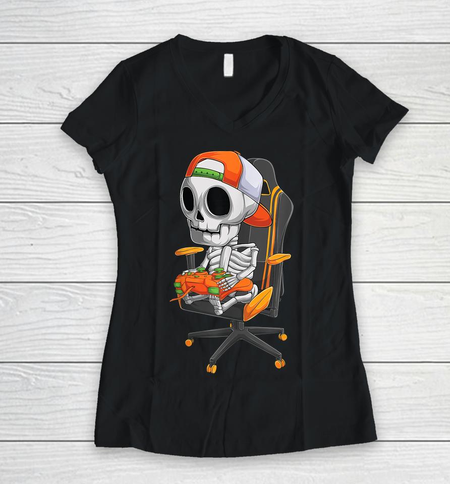 Halloween Skeleton Gamer Video Gaming Women V-Neck T-Shirt