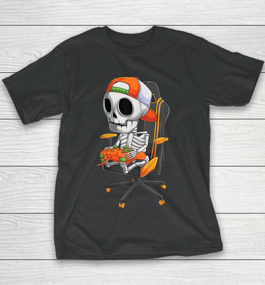 Halloween Skeleton Gamer Video Gaming Youth T-Shirt