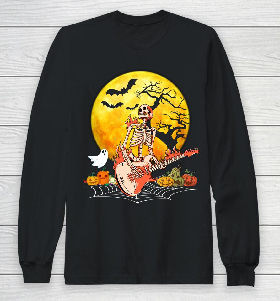 Halloween Skeleton Playing Guitar Pumpkin Vibes Long Sleeve T-Shirt
