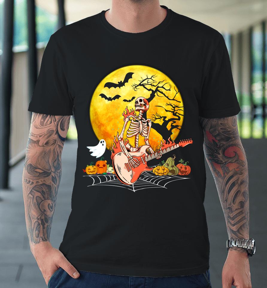Halloween Skeleton Playing Guitar Pumpkin Vibes Premium T-Shirt