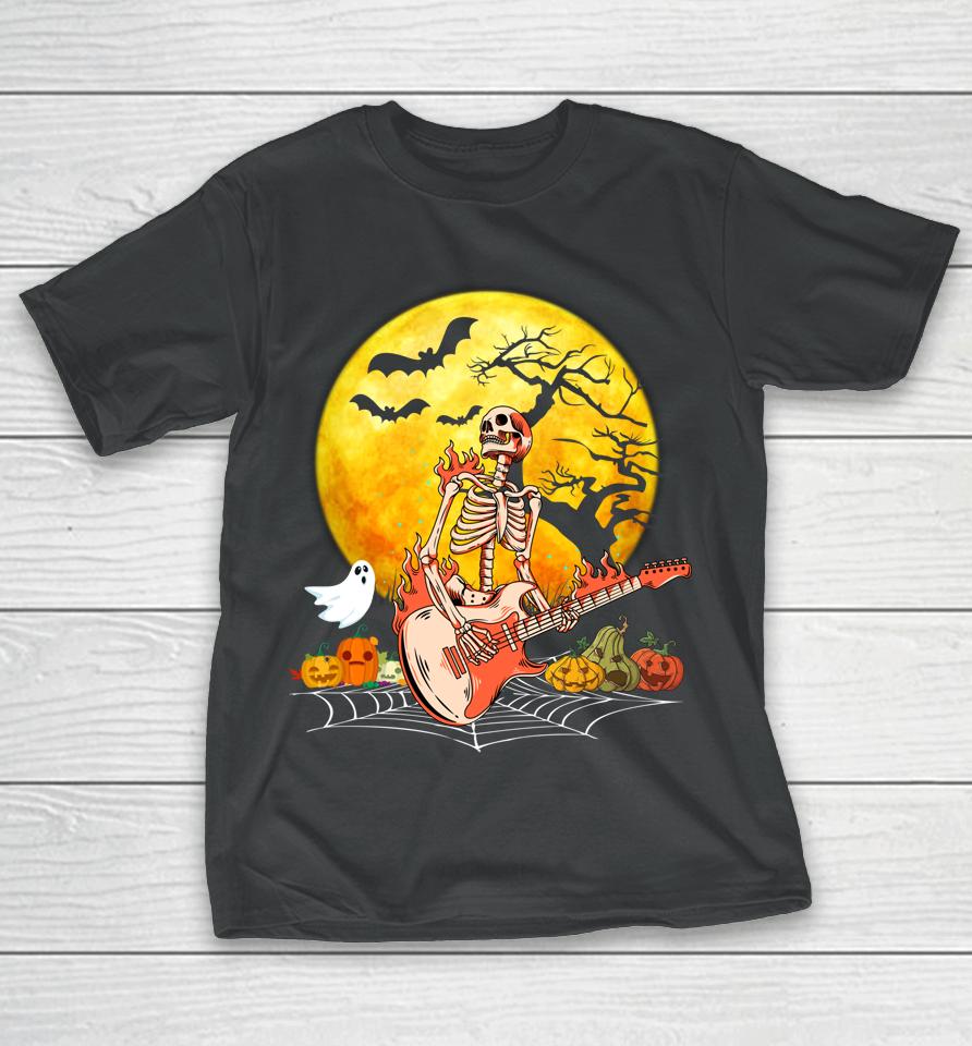 Halloween Skeleton Playing Guitar Pumpkin Vibes T-Shirt