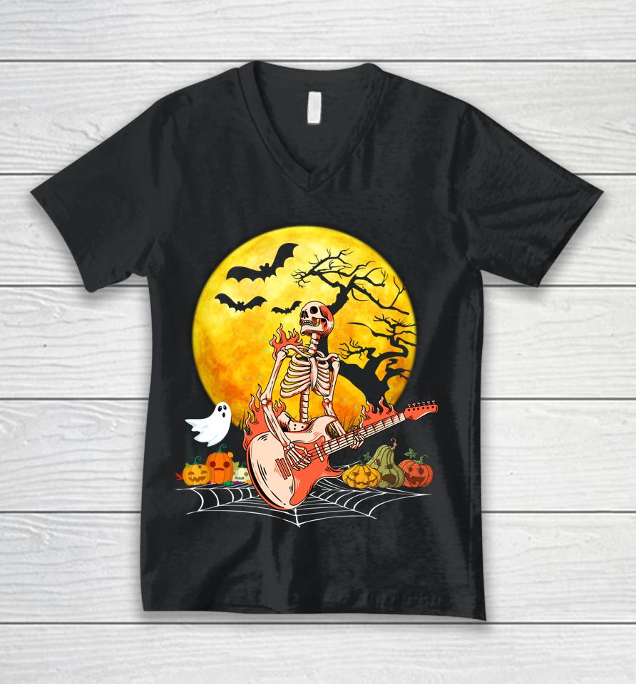 Halloween Skeleton Playing Guitar Pumpkin Vibes Unisex V-Neck T-Shirt