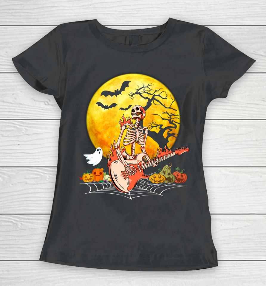 Halloween Skeleton Playing Guitar Pumpkin Vibes Women T-Shirt