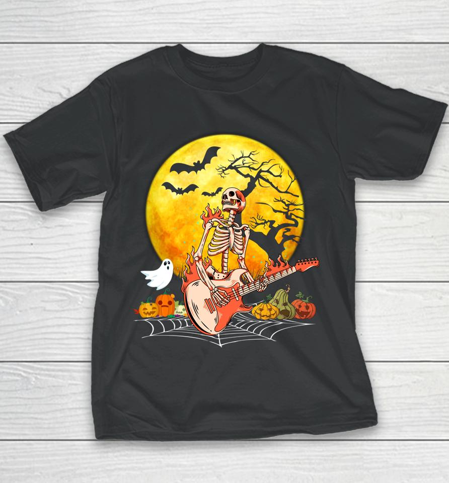 Halloween Skeleton Playing Guitar Pumpkin Vibes Youth T-Shirt