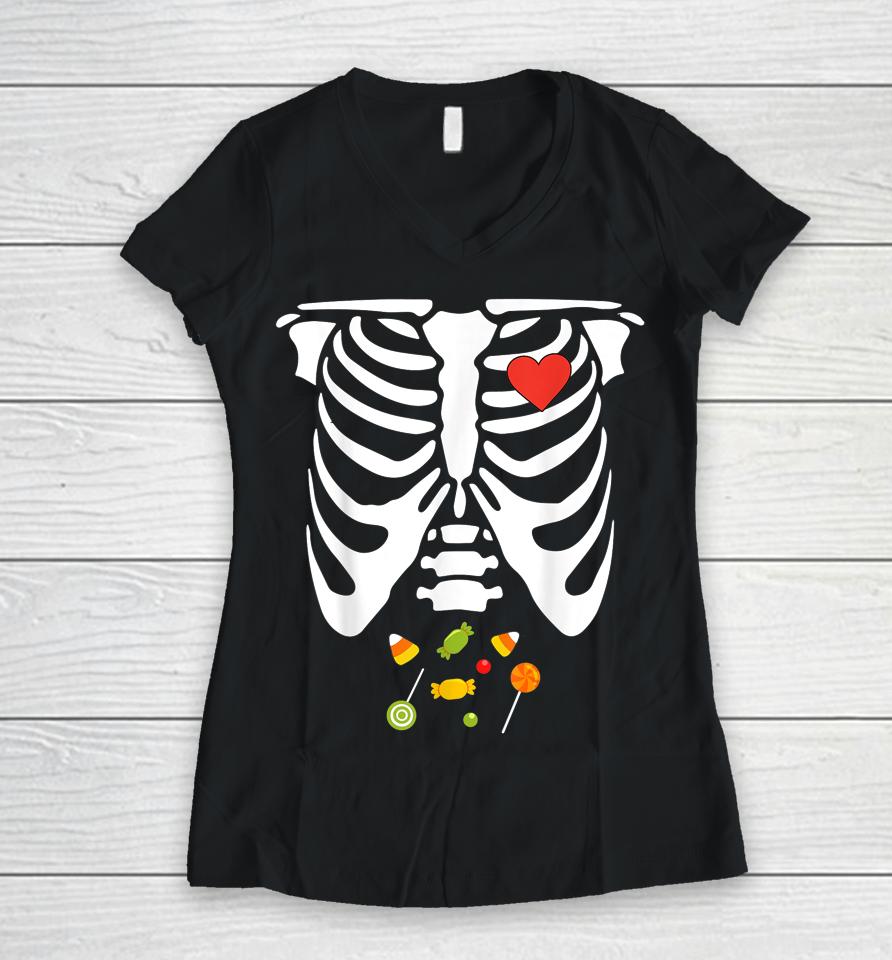 Halloween Skeleton Rib Cage Halloween Candy Women V-Neck T-Shirt
