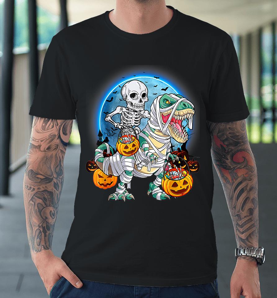 Halloween Skeleton Riding Mummy Dinosaurs T Rex Pumpkin Fun Premium T-Shirt