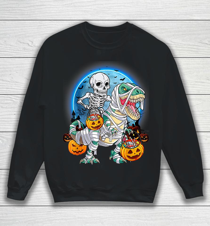 Halloween Skeleton Riding Mummy Dinosaurs T Rex Pumpkin Fun Sweatshirt