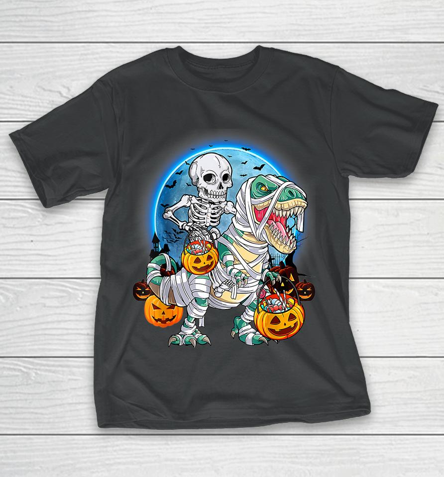 Halloween Skeleton Riding Mummy Dinosaurs T Rex Pumpkin Fun T-Shirt