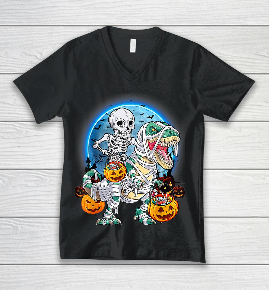 Halloween Skeleton Riding Mummy Dinosaurs T Rex Pumpkin Fun Unisex V-Neck T-Shirt
