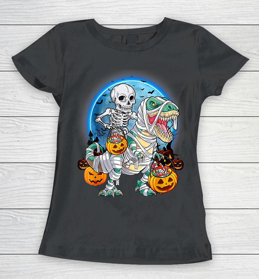 Halloween Skeleton Riding Mummy Dinosaurs T Rex Pumpkin Fun Women T-Shirt