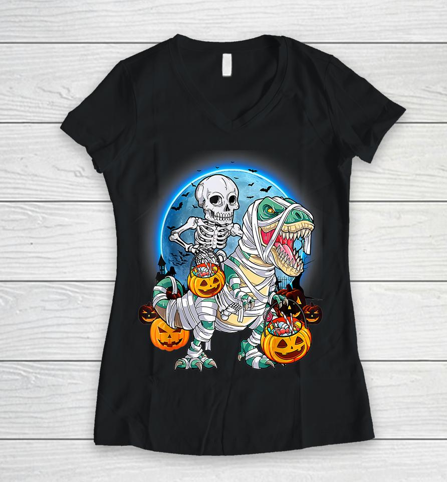 Halloween Skeleton Riding Mummy Dinosaurs T Rex Pumpkin Fun Women V-Neck T-Shirt