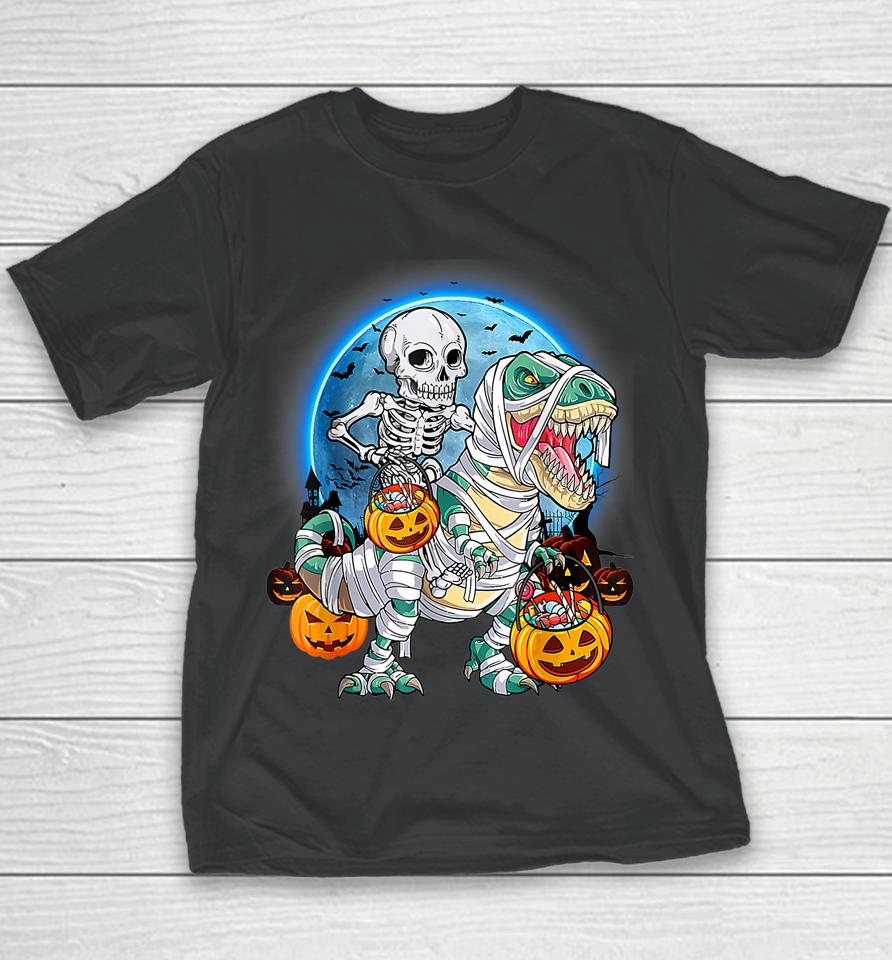 Halloween Skeleton Riding Mummy Dinosaurs T Rex Pumpkin Fun Youth T-Shirt