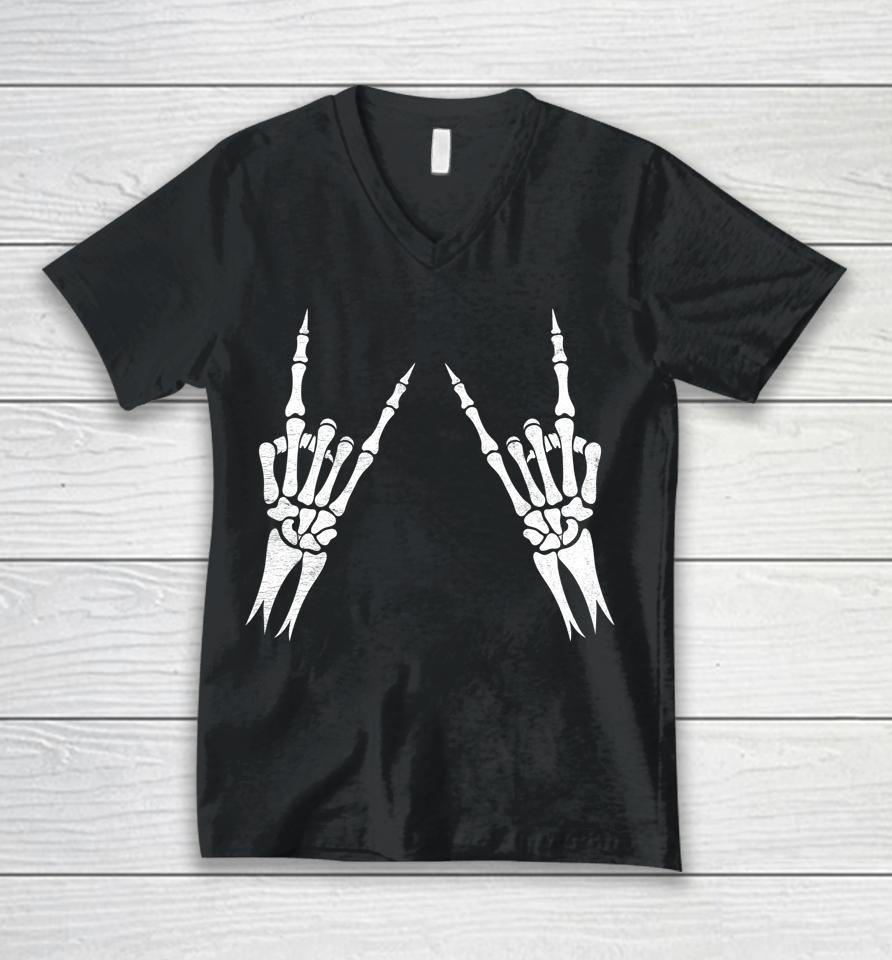 Halloween Skeleton Rocker Graphic Costume Unisex V-Neck T-Shirt