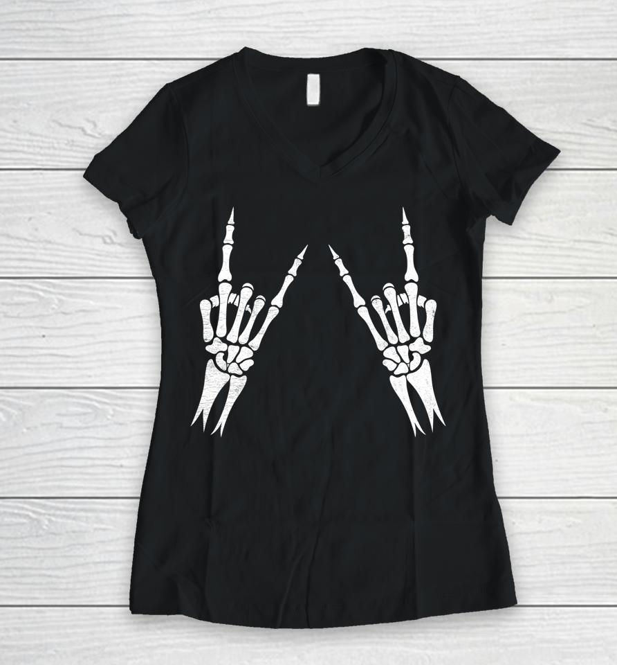 Halloween Skeleton Rocker Graphic Costume Women V-Neck T-Shirt