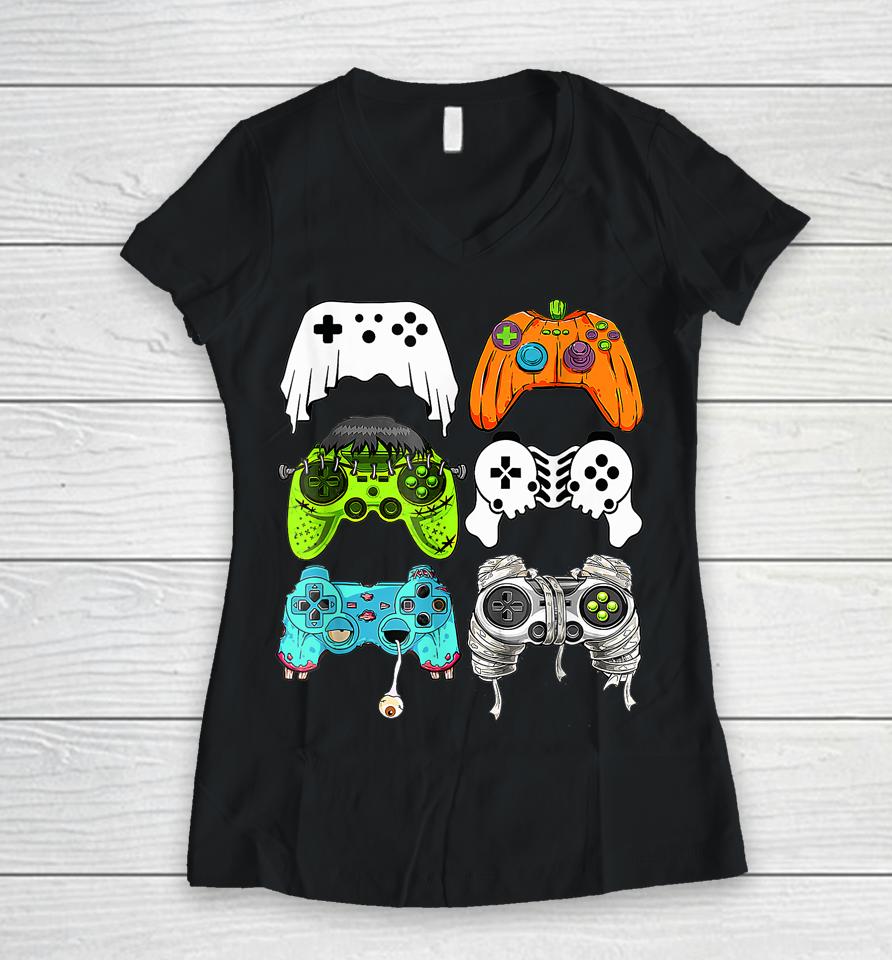 Halloween Skeleton Zombie Gaming Controllers Mummy Game Women V-Neck T-Shirt